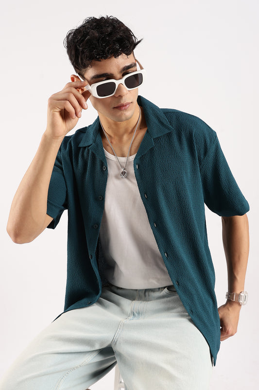 Poly Textured Oversized Shirt Dk Green