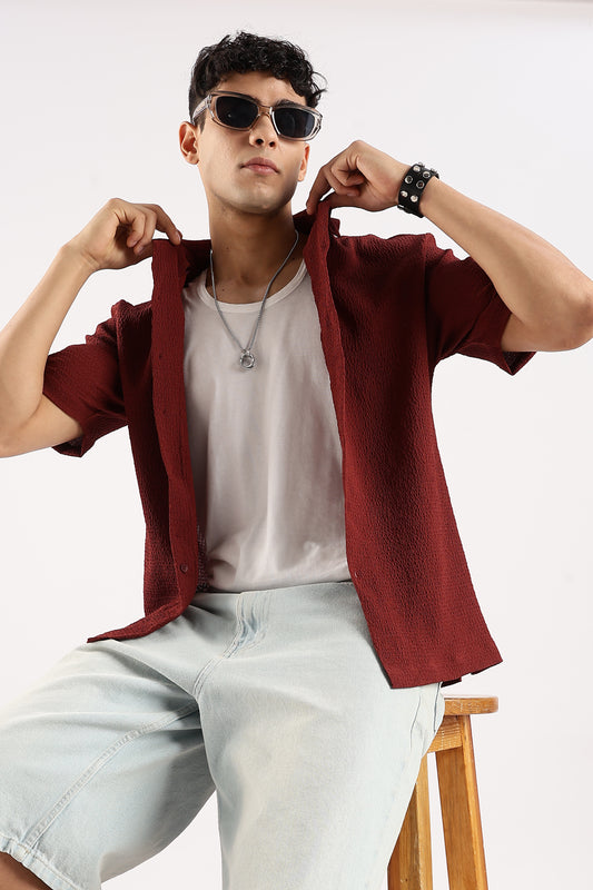 Poly Textured Oversized Shirt Maroon