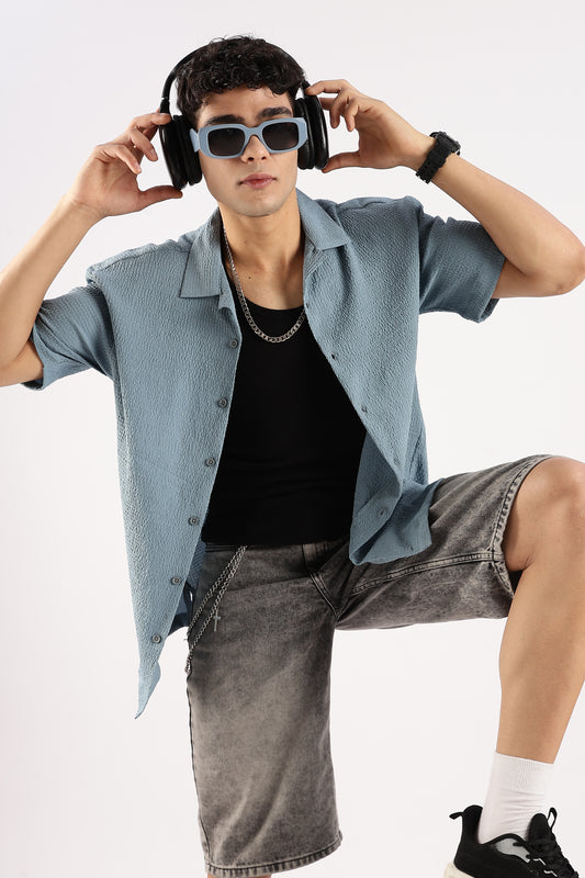 Poly Textured Oversized Shirt Lt Blue