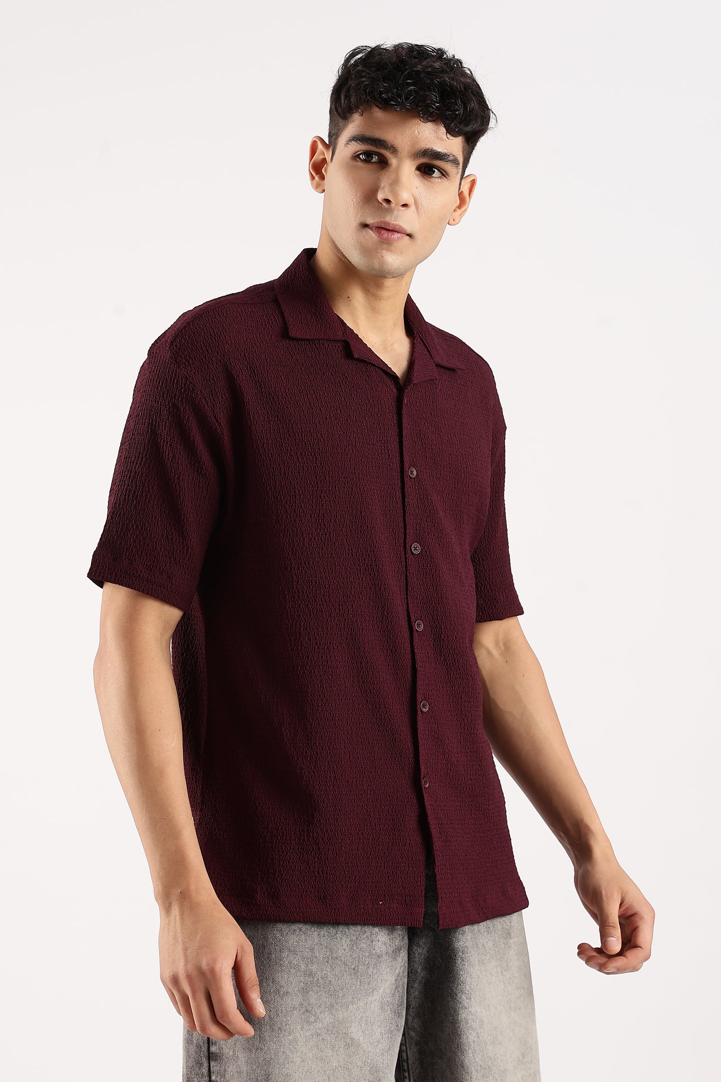 Poly Textured Oversized Shirt Burgundy