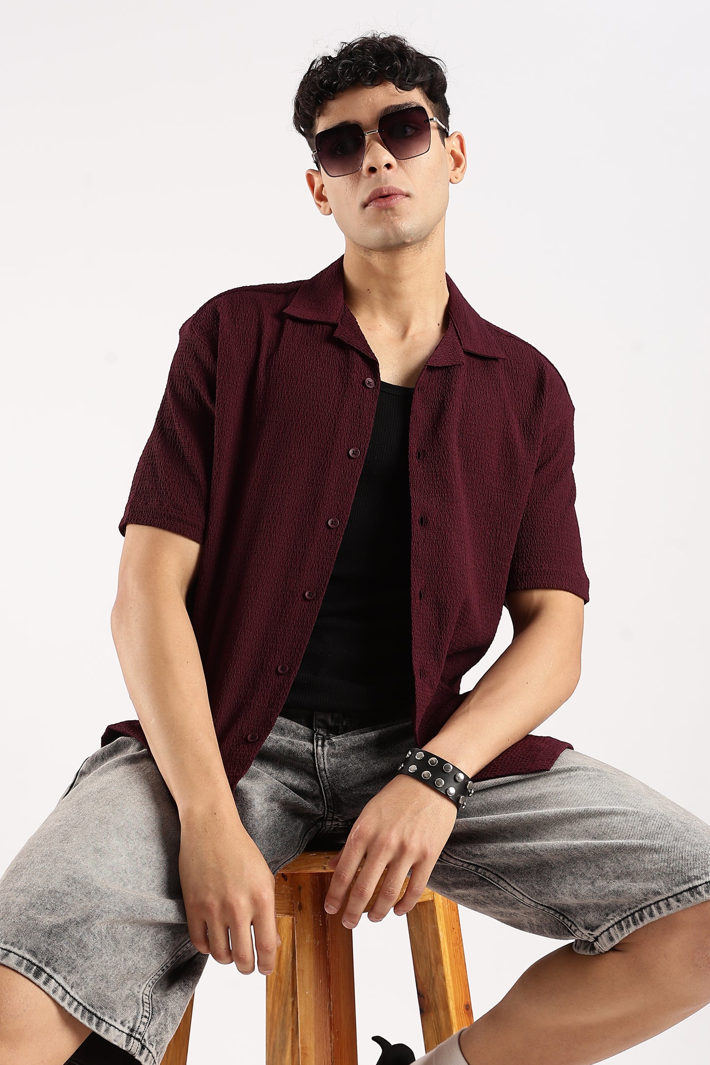Poly Textured Oversized Shirt Burgundy
