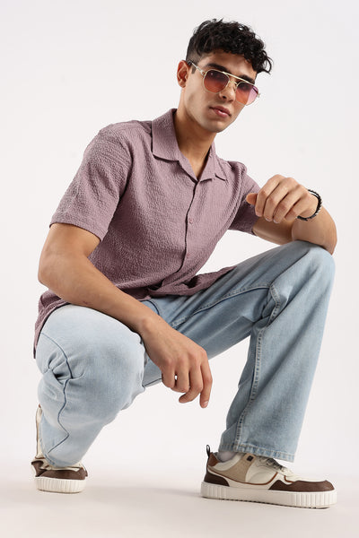 Men's Lavender Textured Oversized Shirt - Half Sleeve