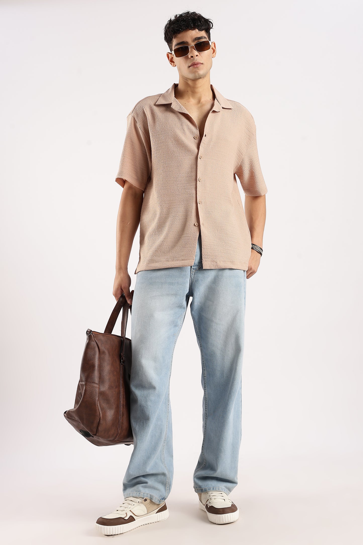 Textured Oversized Shirt Lt Brown