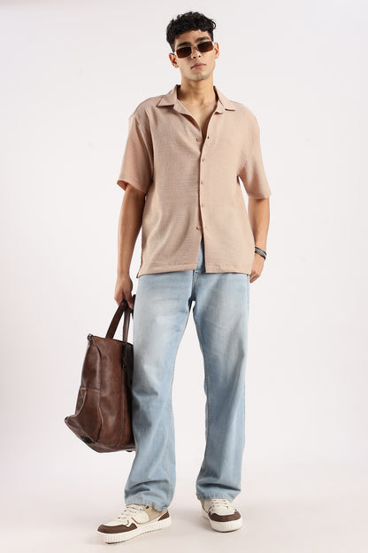 Textured Oversized Shirt Lt Brown