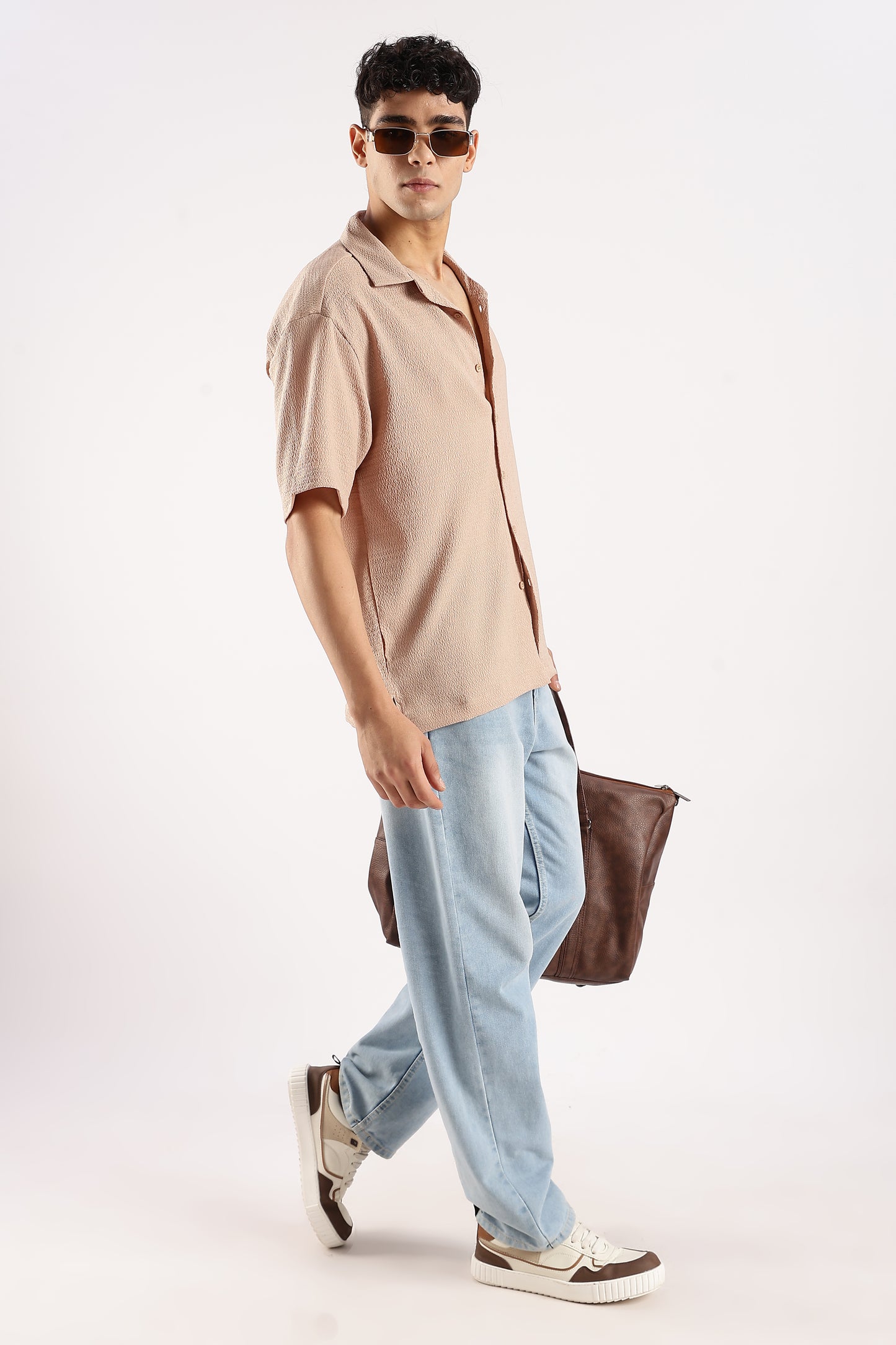 Textured Oversized Shirt Lt Brown