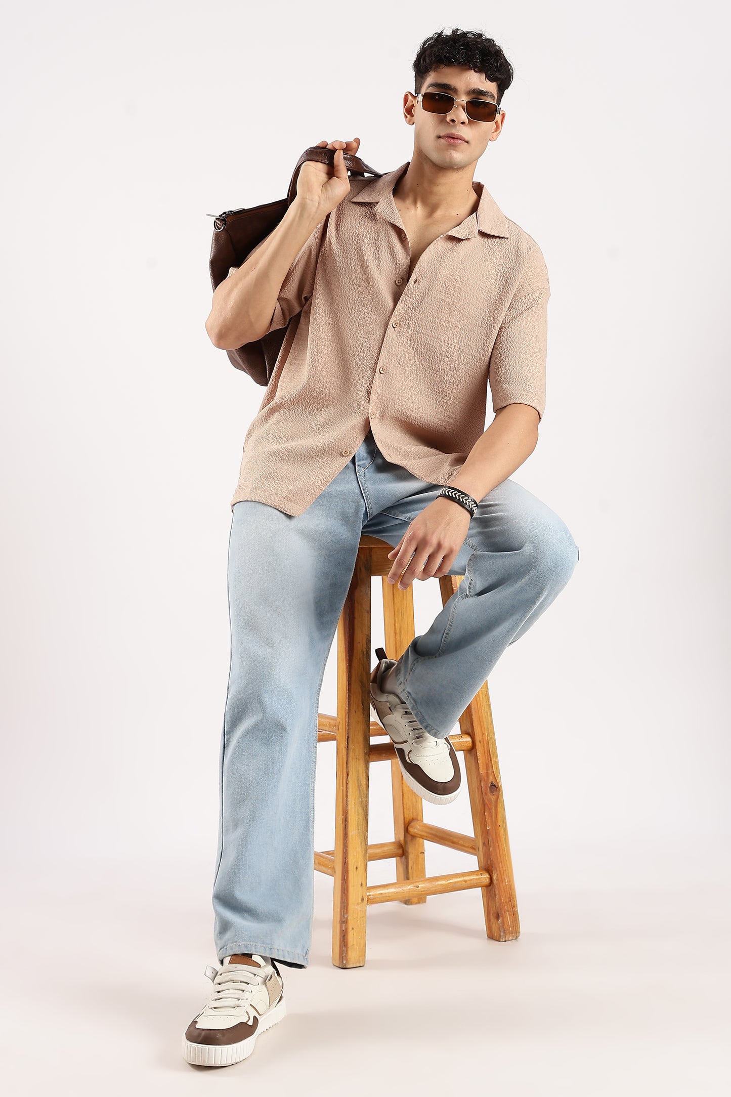 Textured Oversized Shirt Lt Brown