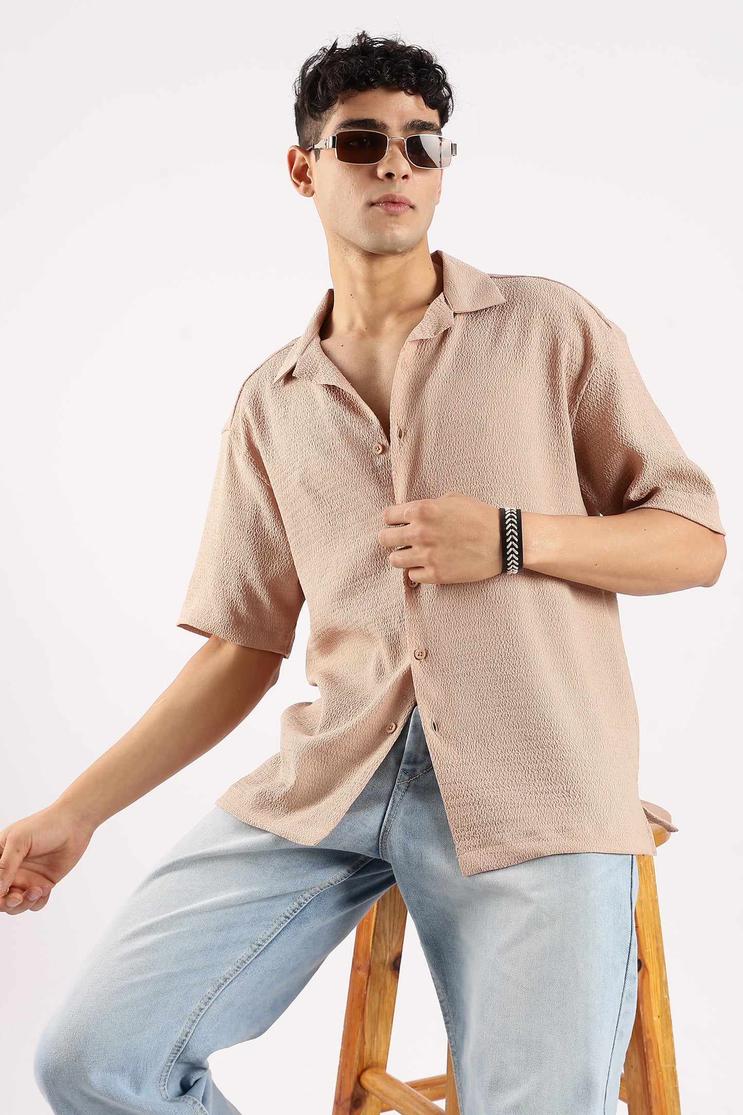 Textured Oversized Shirt Lt Brown