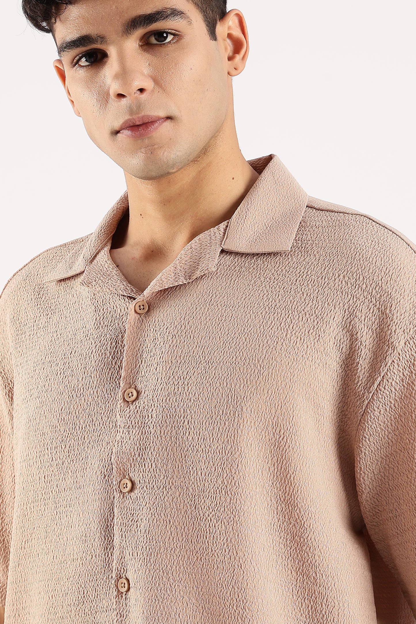 Textured Oversized Shirt Lt Brown