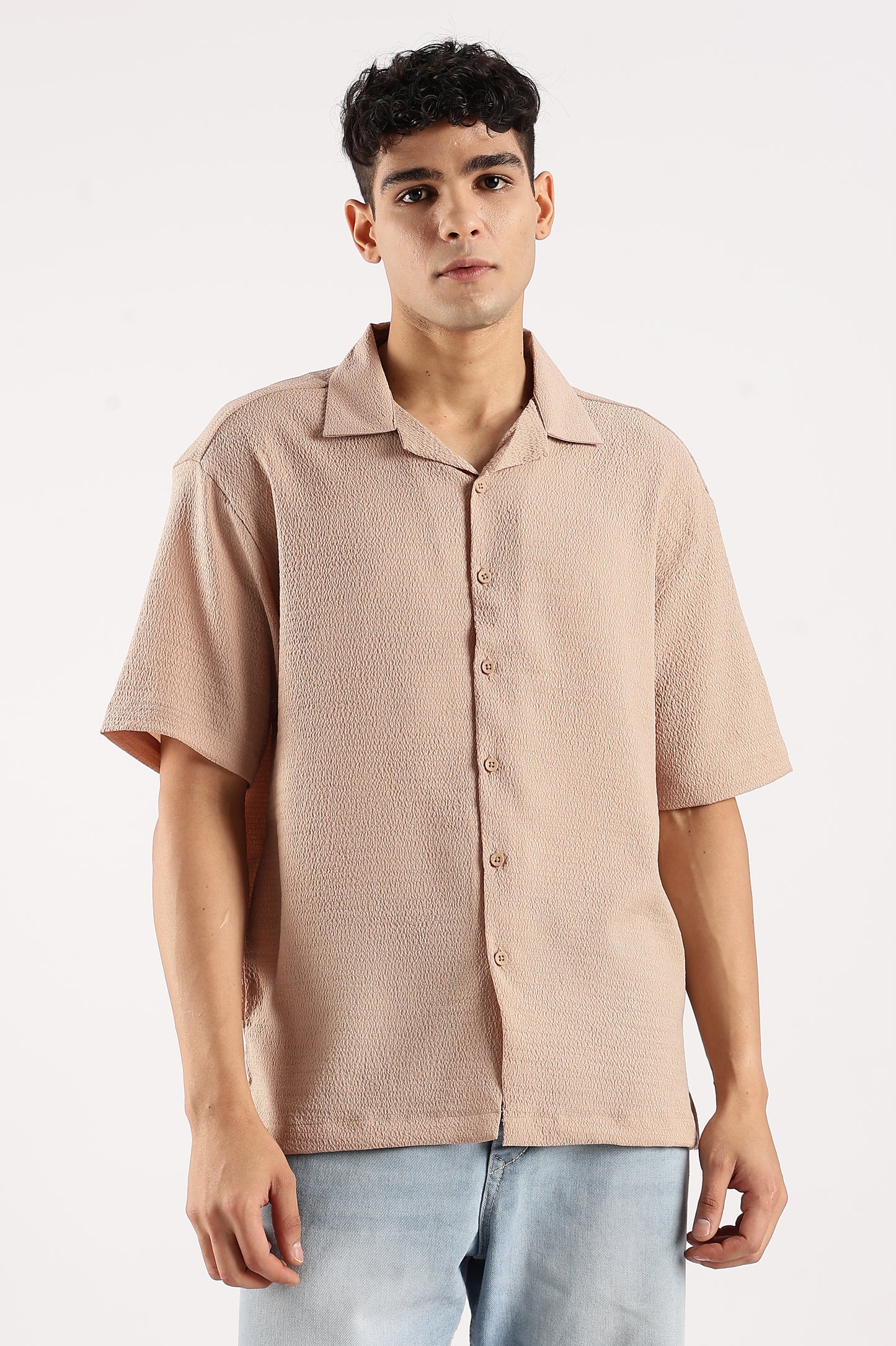 Textured Oversized Shirt Lt Brown