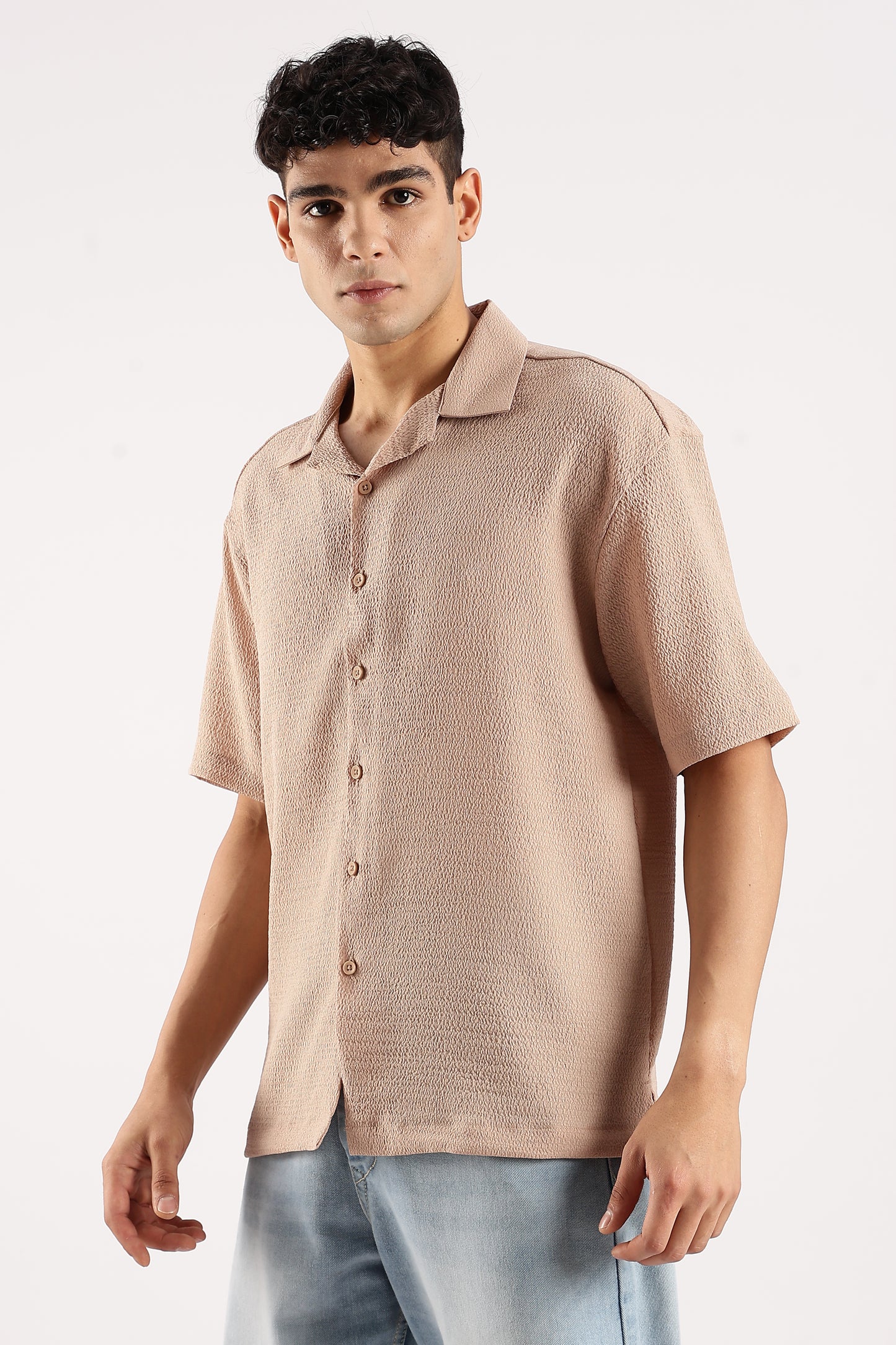Textured Oversized Shirt Lt Brown