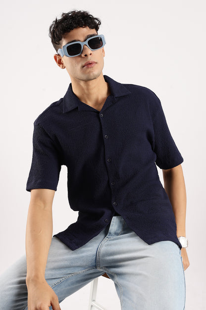Textured Oversized Shirt Navy