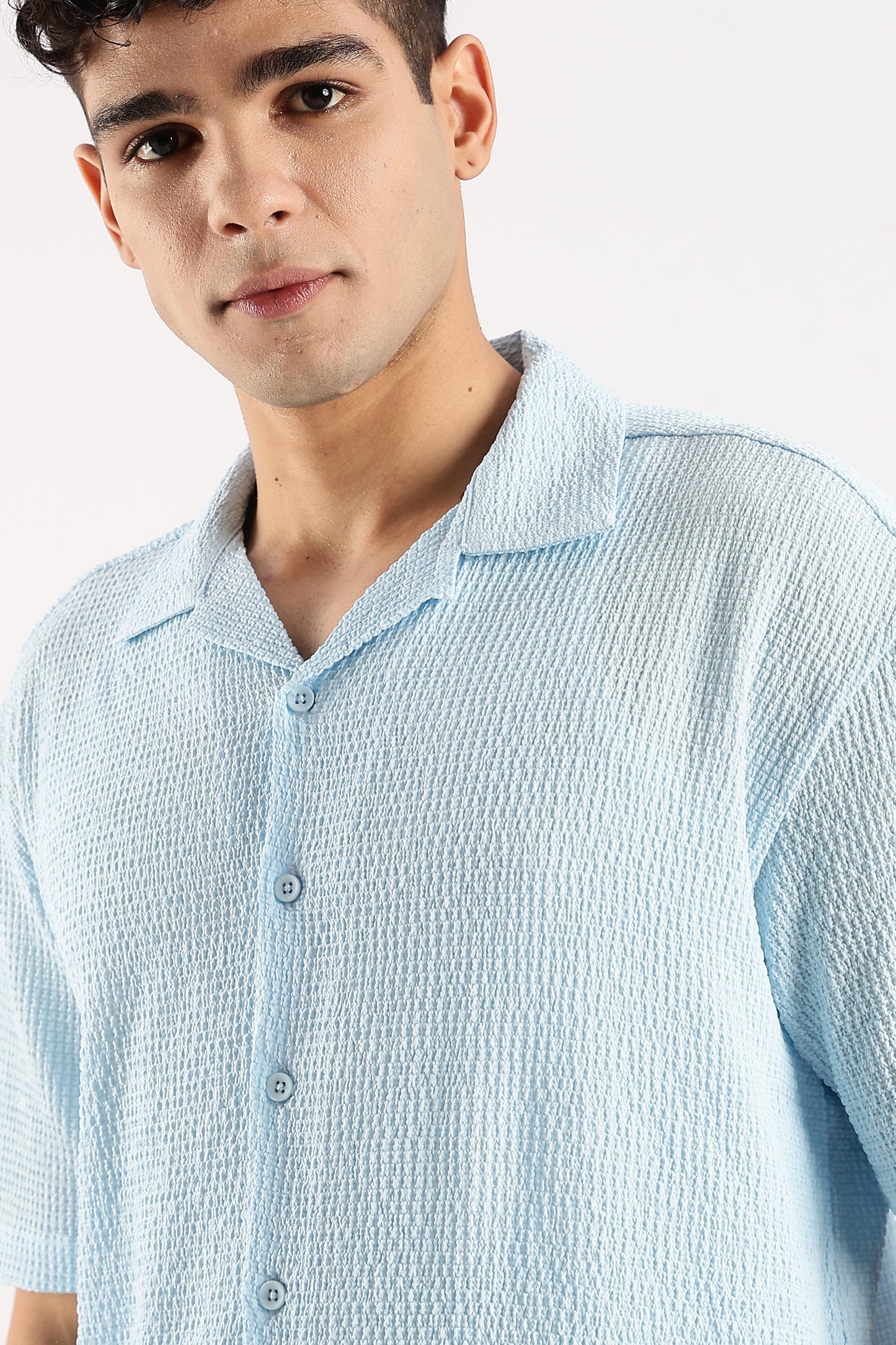 Textured Oversized Shirt Sky Blue