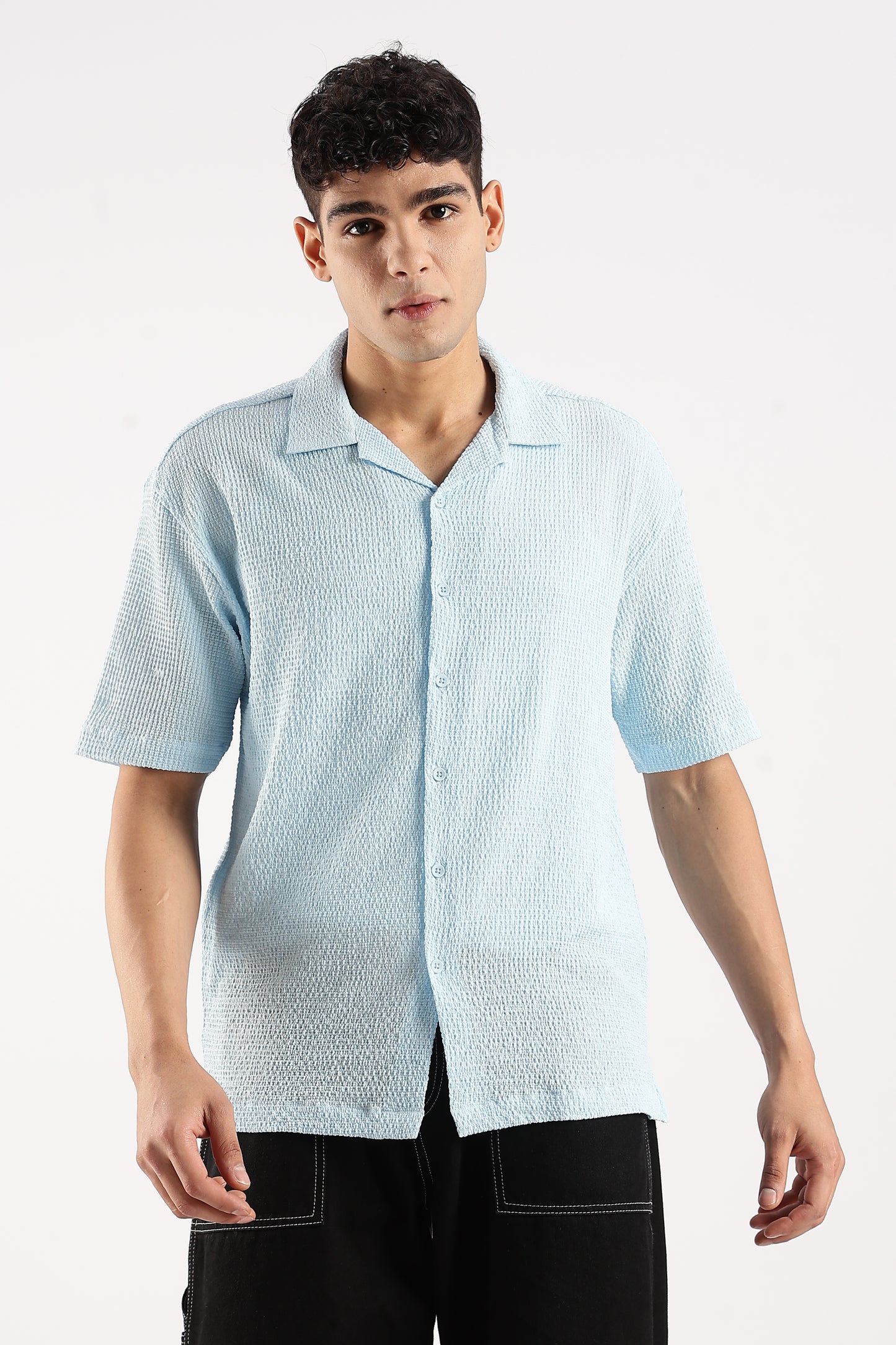 Textured Oversized Shirt Sky Blue
