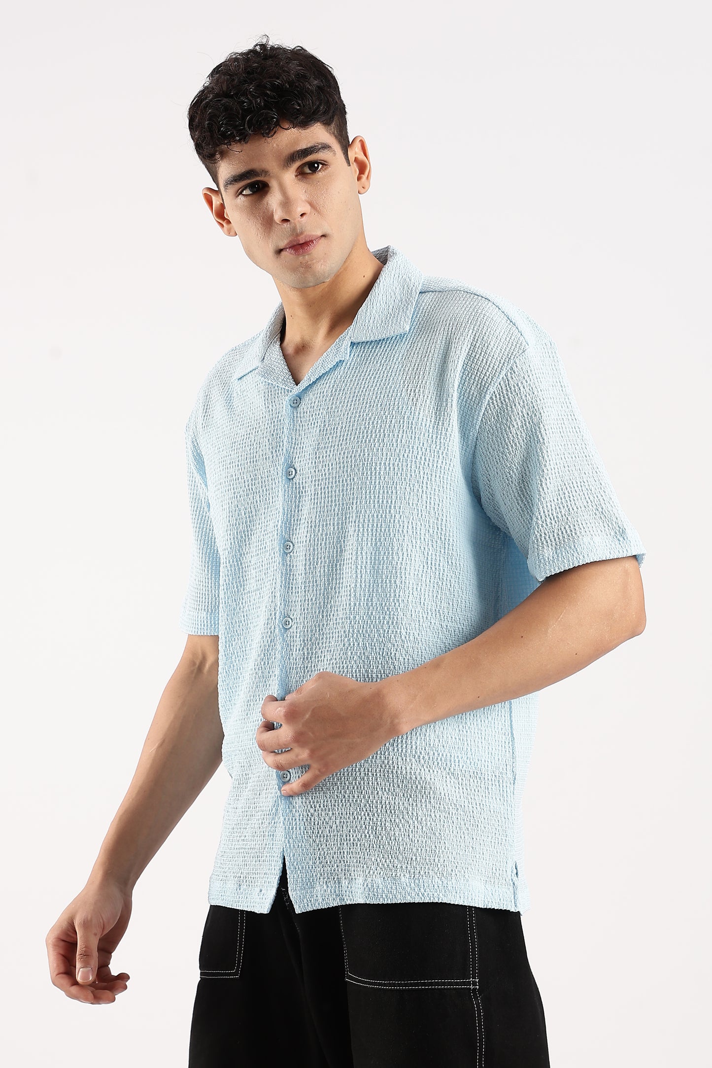 Textured Oversized Shirt Sky Blue