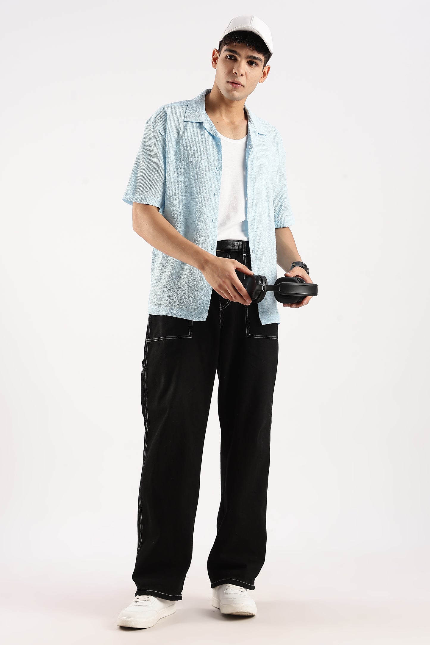 Textured Oversized Shirt Sky Blue