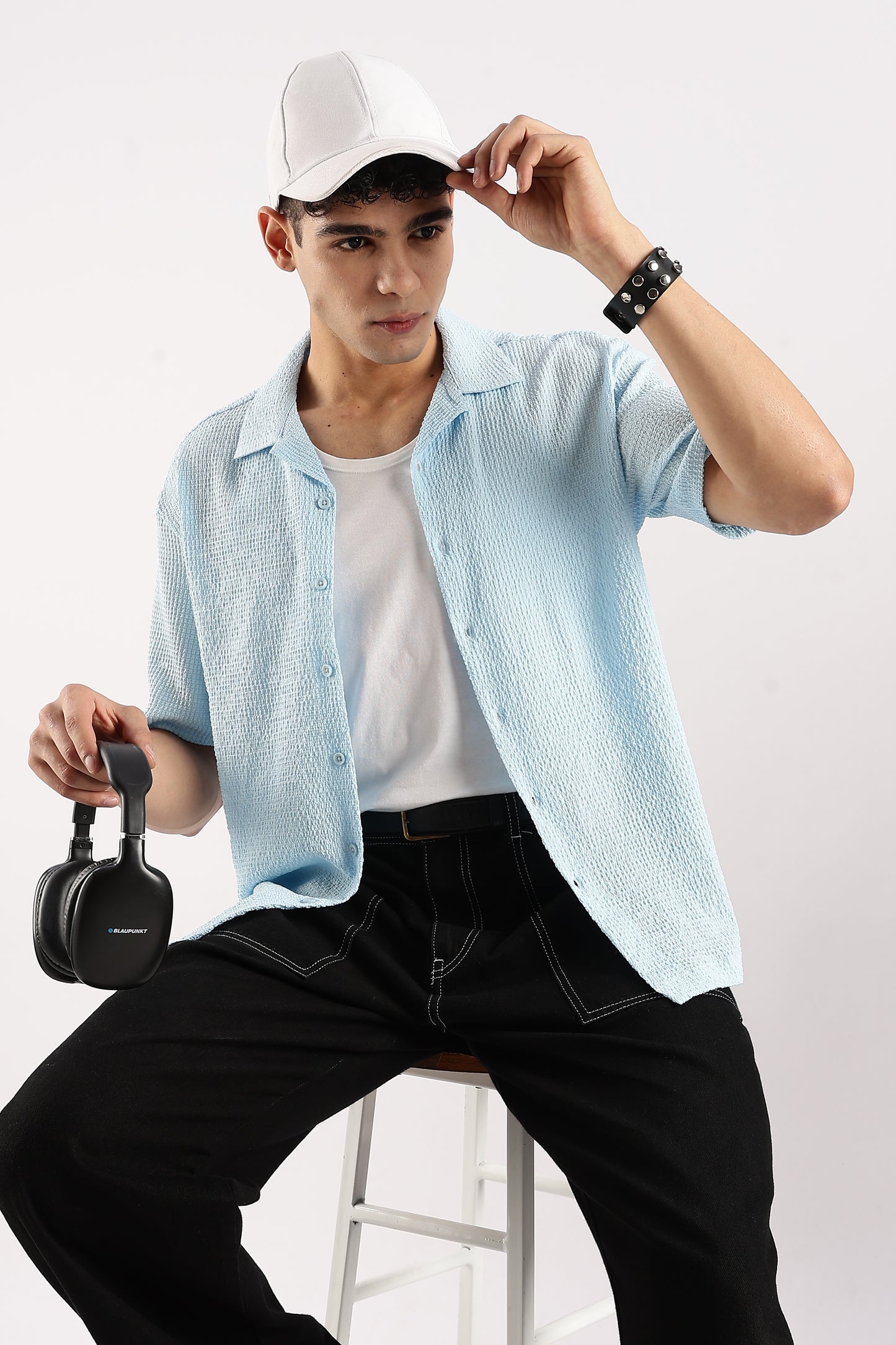 Textured Oversized Shirt Sky Blue