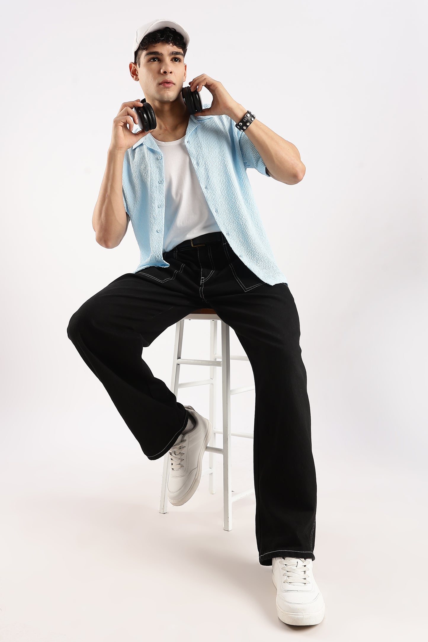 Textured Oversized Shirt Sky Blue