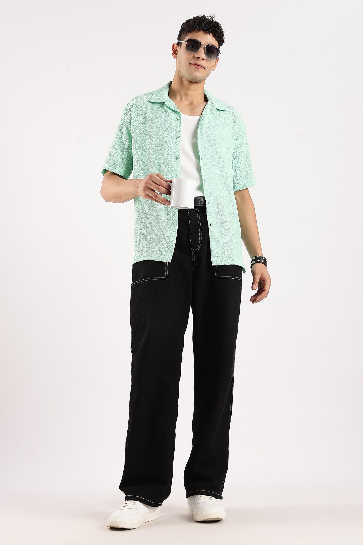 Textured Oversized Shirt Sea Green