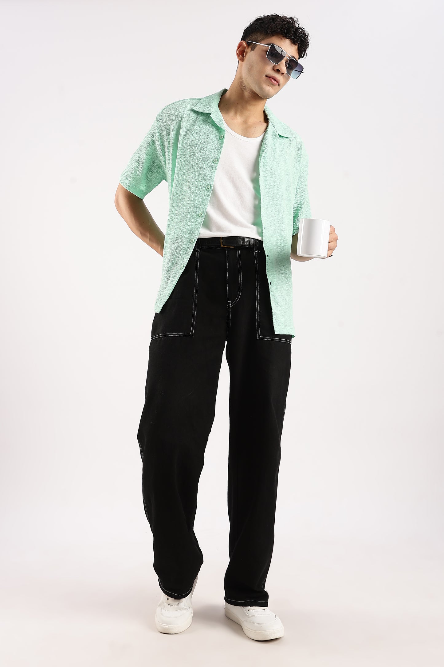 Textured Oversized Shirt Sea Green