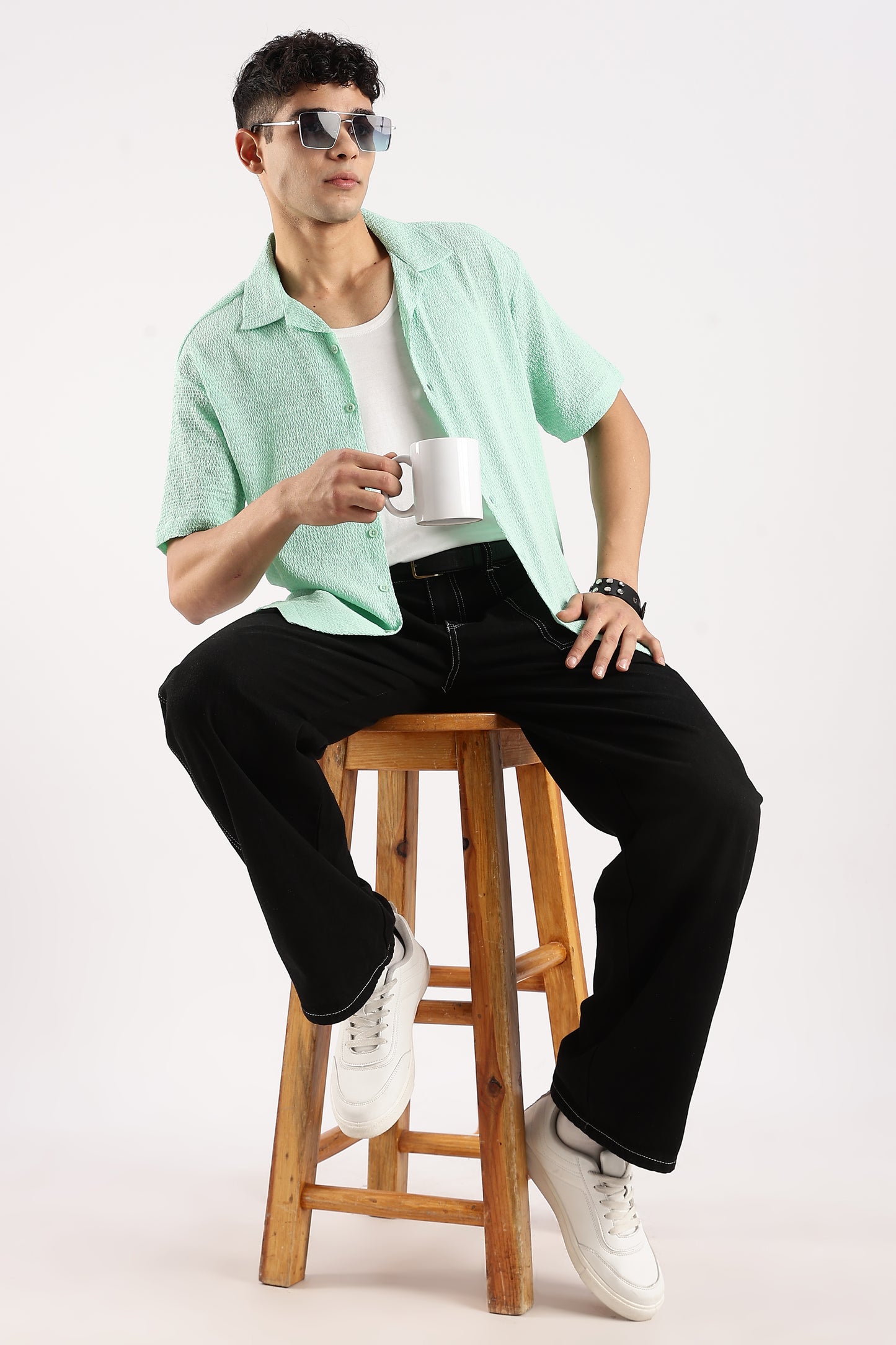 Textured Oversized Shirt Sea Green