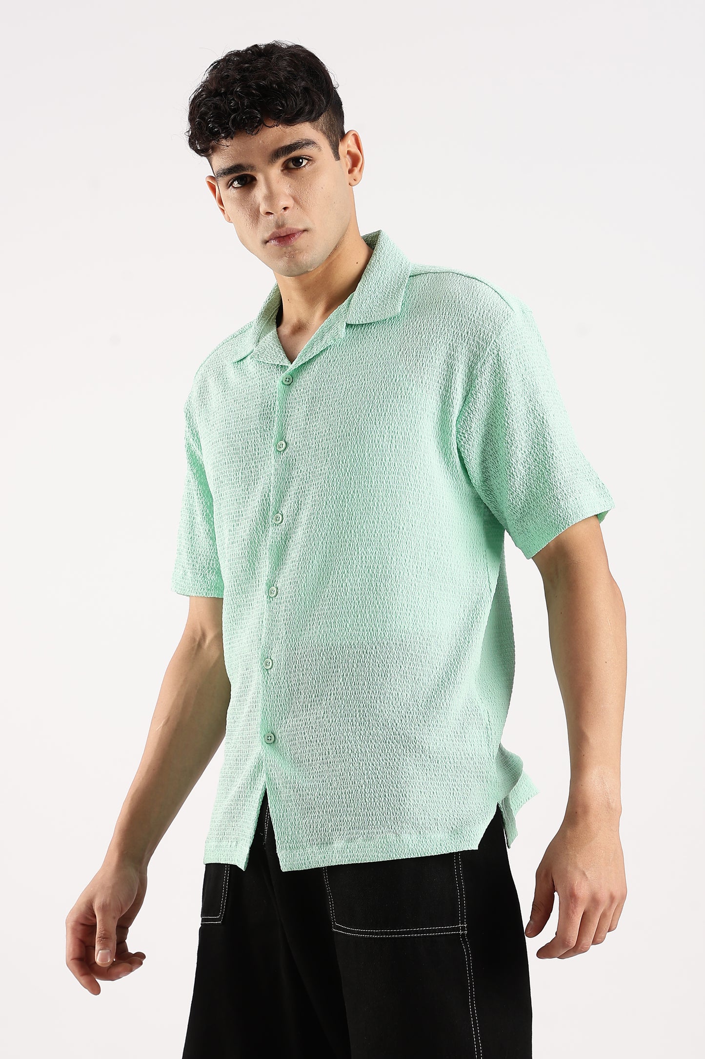 Textured Oversized Shirt Sea Green