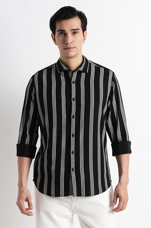 Vertical Stripe Textured Shirt Black