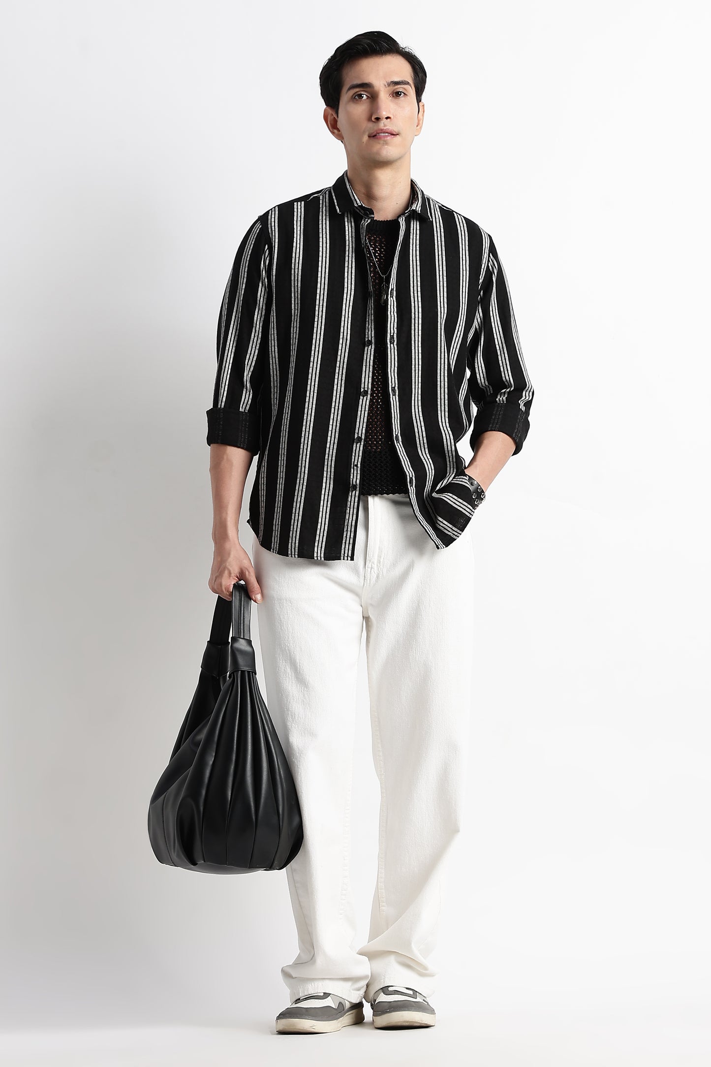 Vertical Stripe Textured Shirt Black