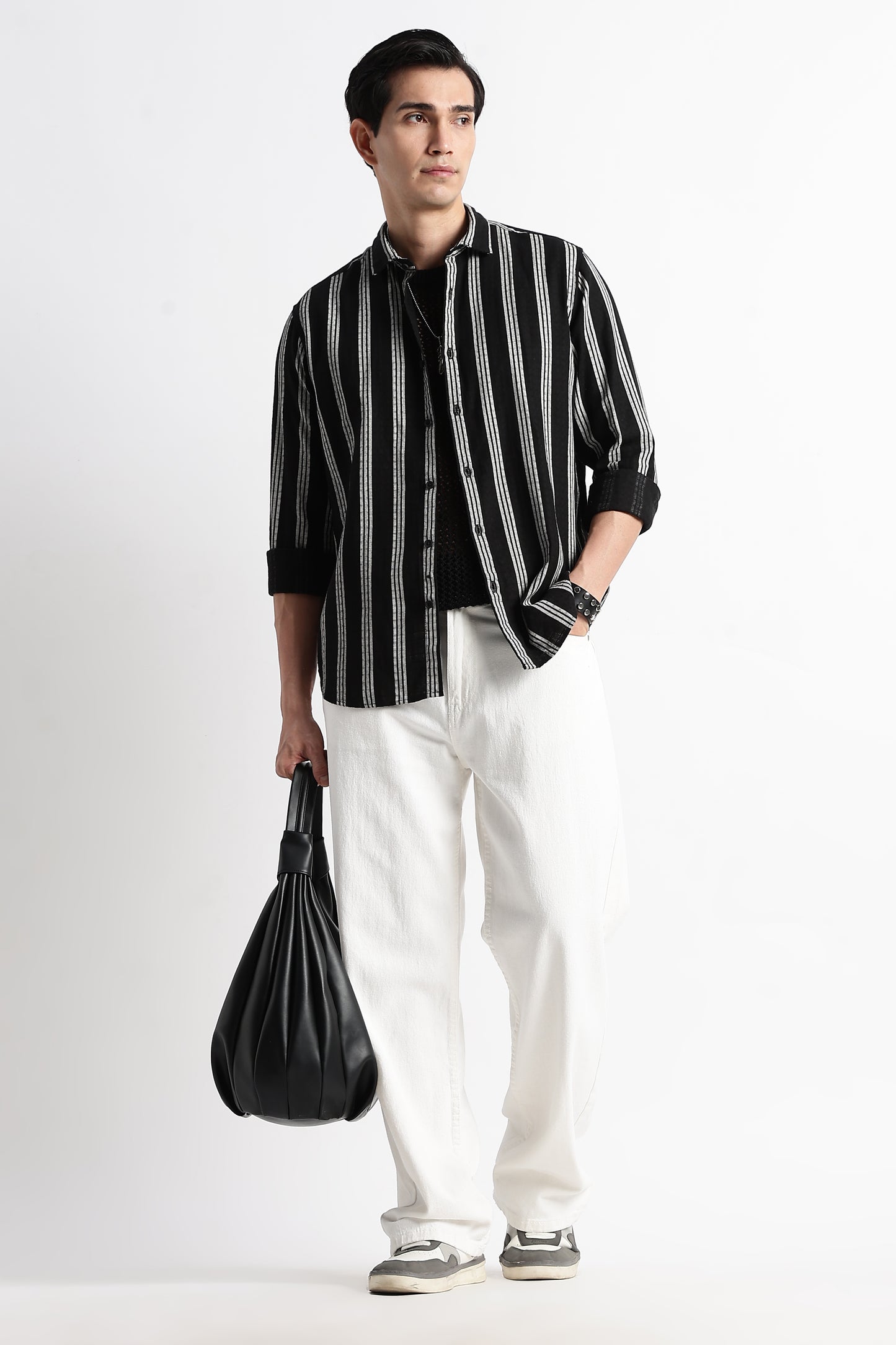 Vertical Stripe Textured Shirt Black