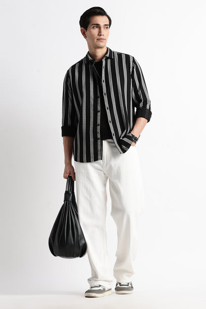 Vertical Stripe Textured Shirt Black