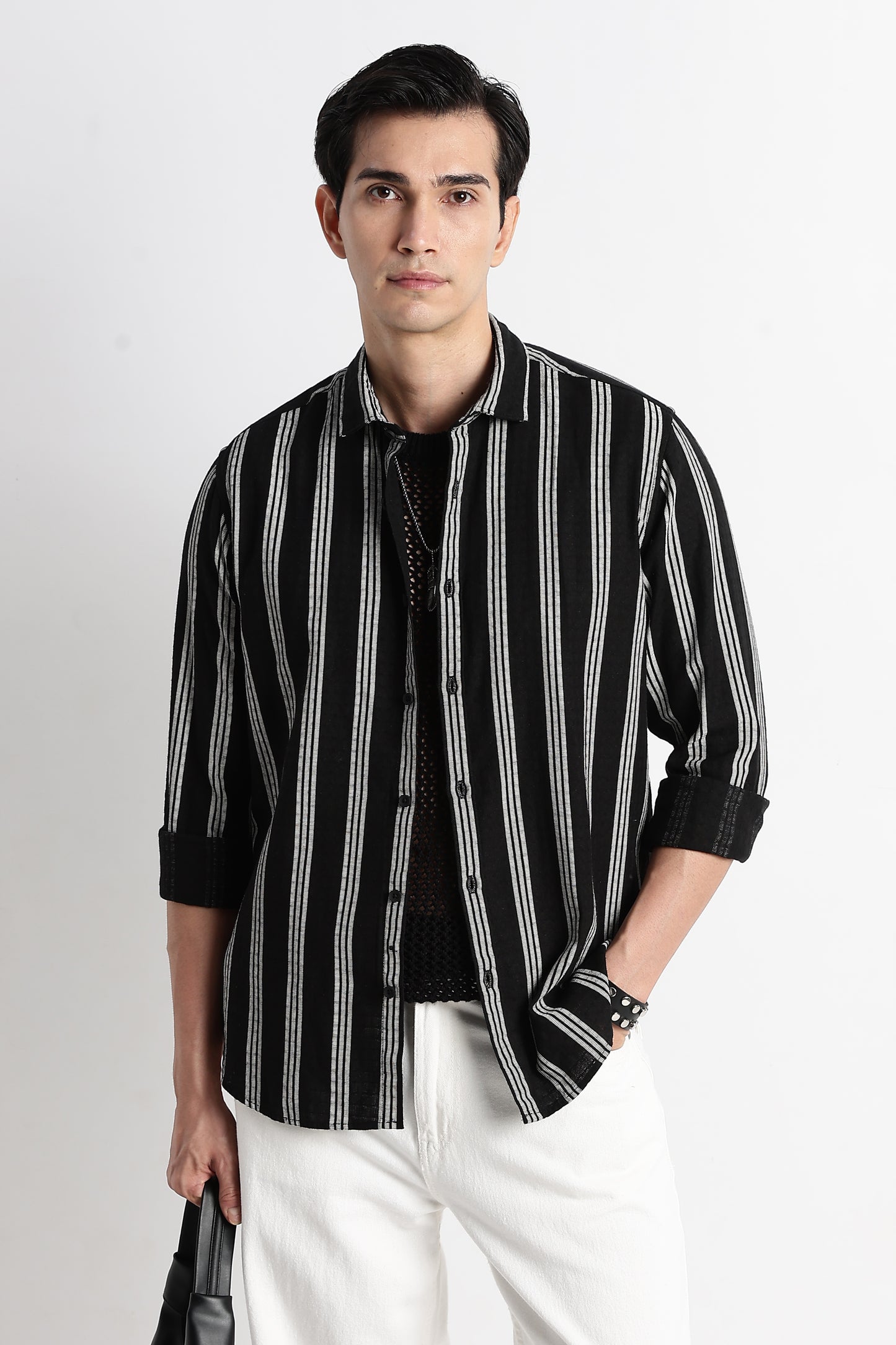 Vertical Stripe Textured Shirt Black