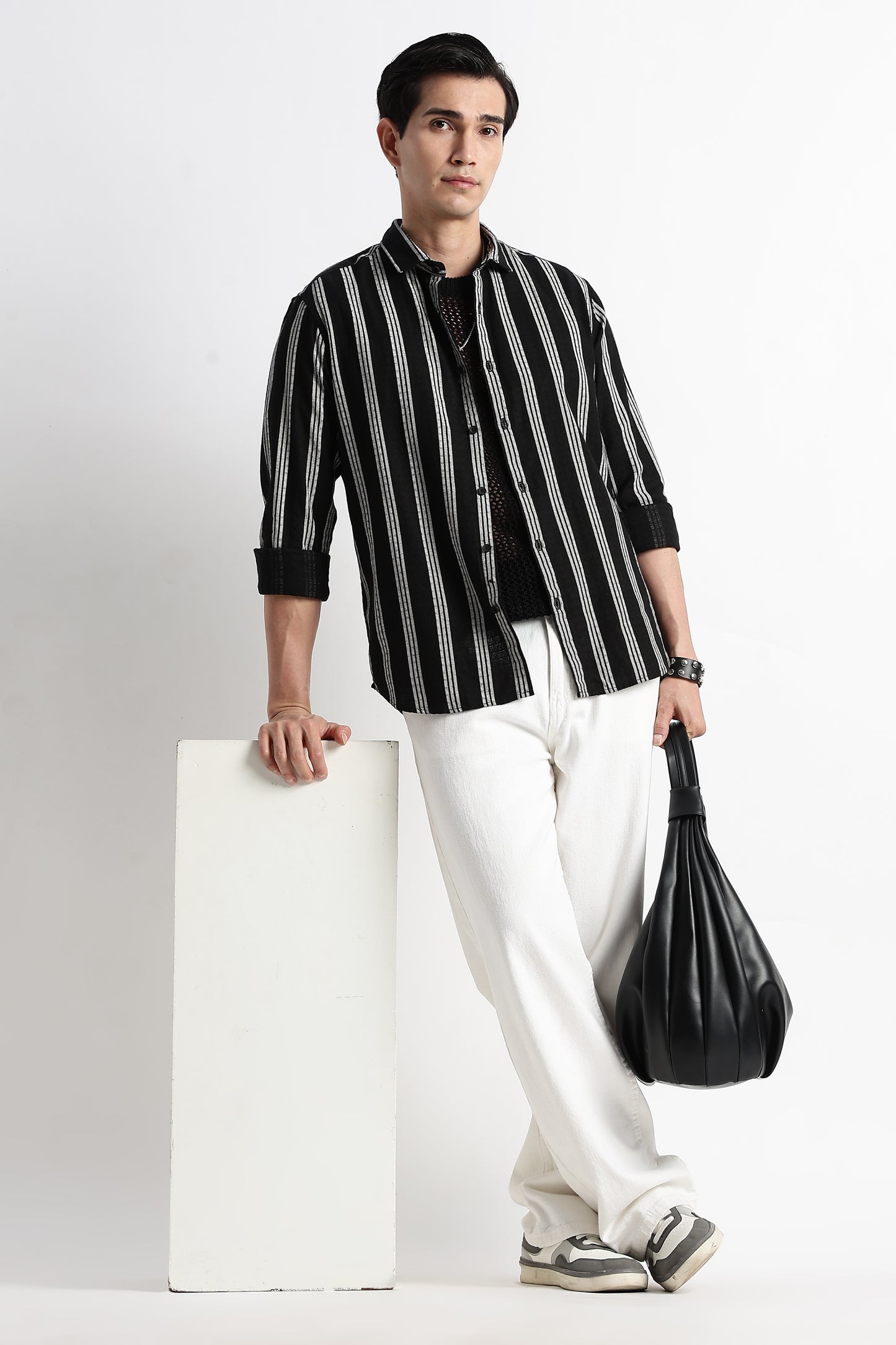 Vertical Stripe Textured Shirt Black