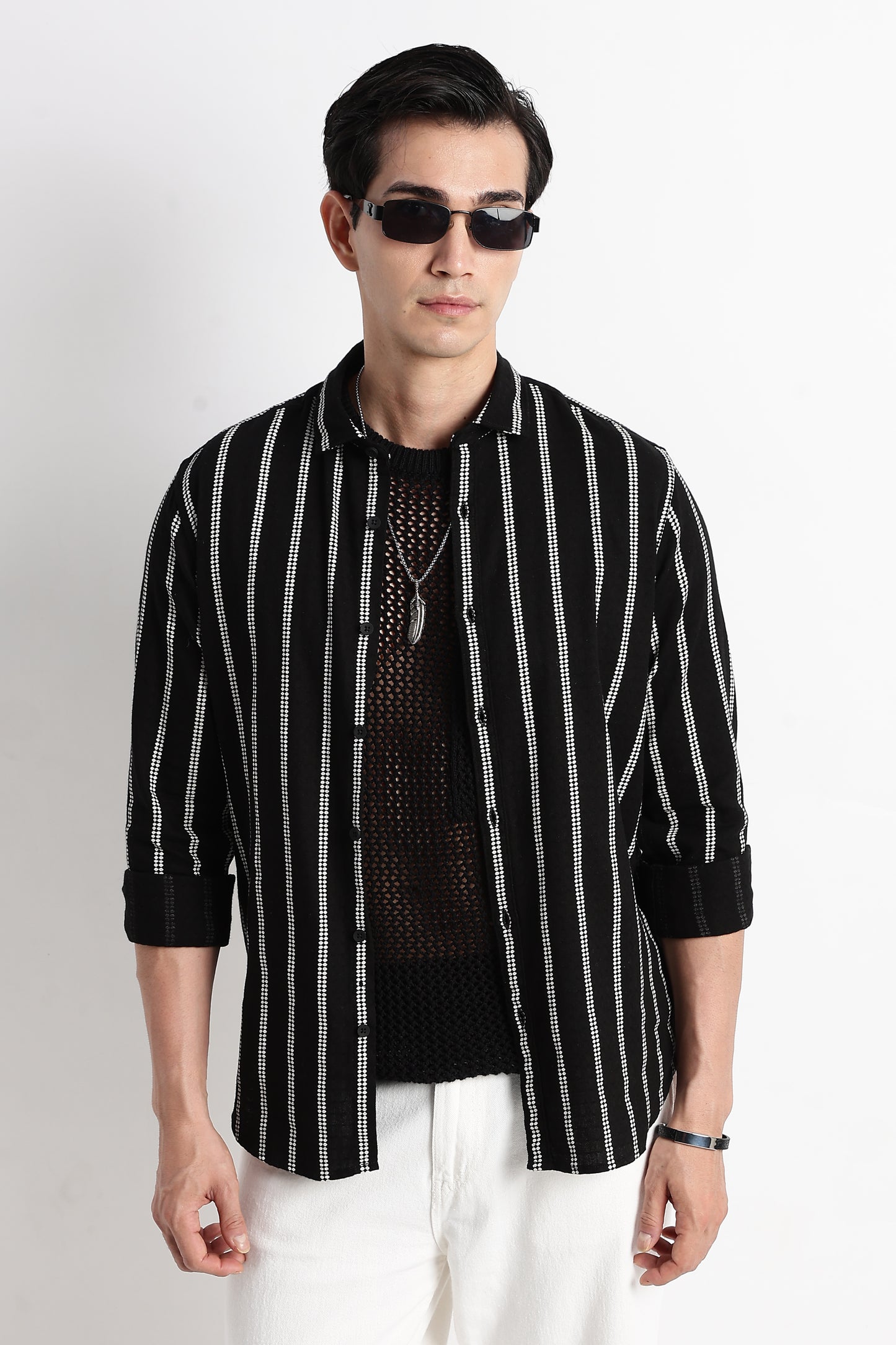 Vertical Stripe Textured Shirt Black