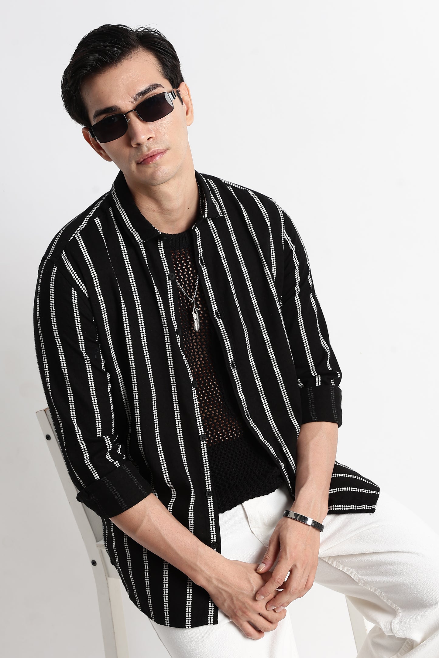 Vertical Stripe Textured Shirt Black