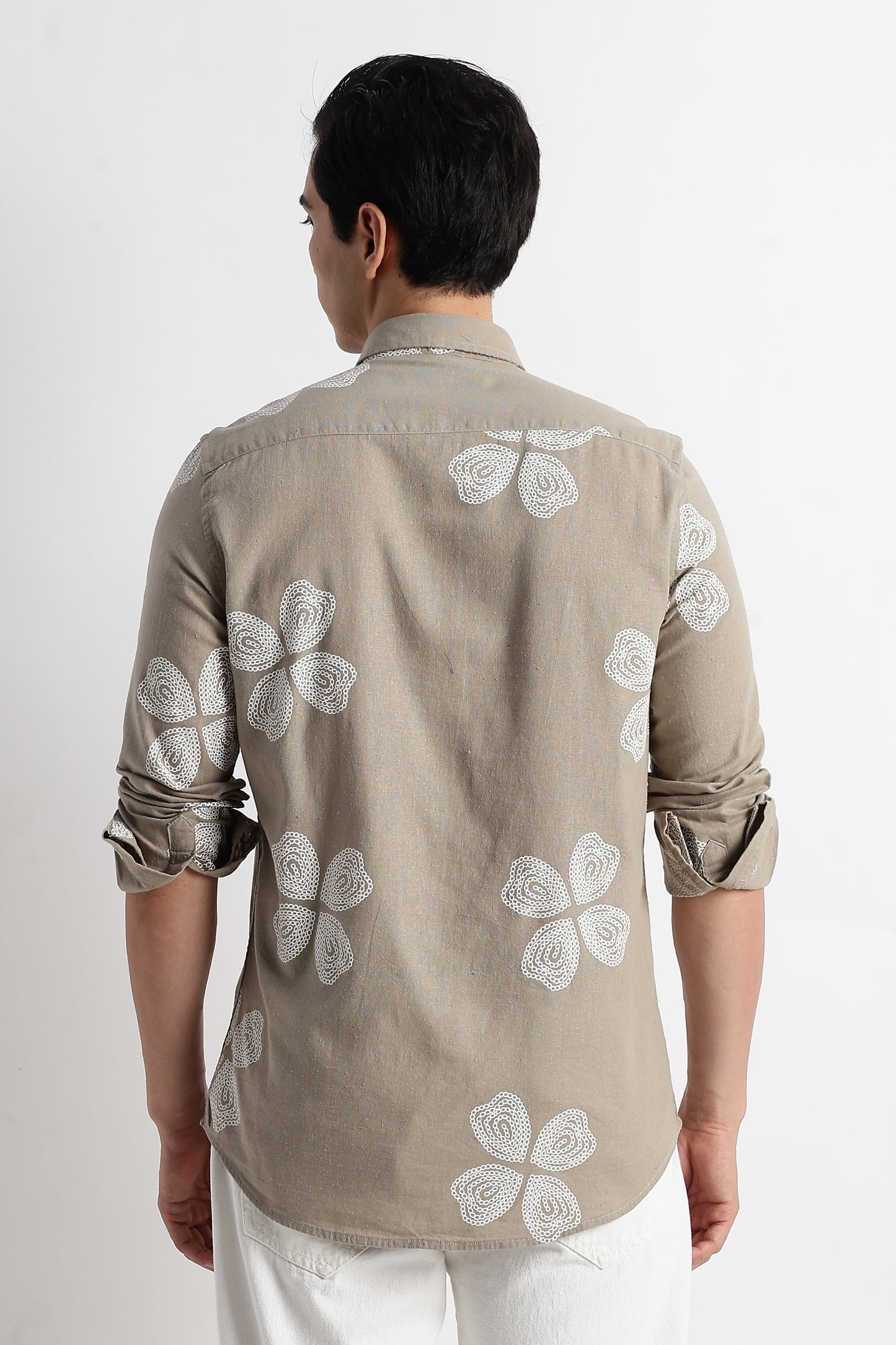 Floral Embroidered Cotton Linen Shirt Grey