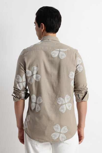 Geo-Print Shirt in Cotton Linen Look Grey
