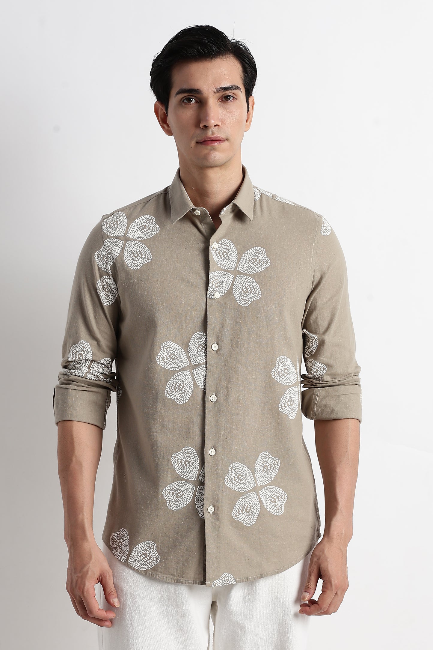 Floral Embroidered Cotton Linen Shirt Grey