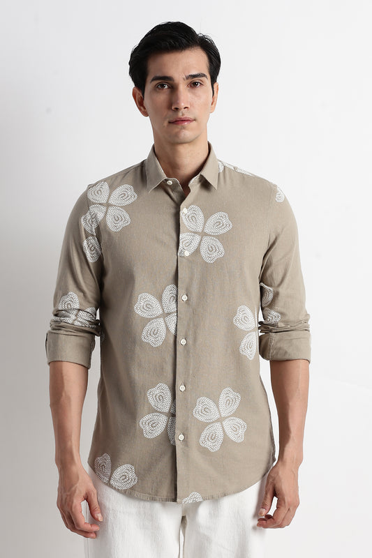 Floral Embroidered Cotton Linen Shirt Grey