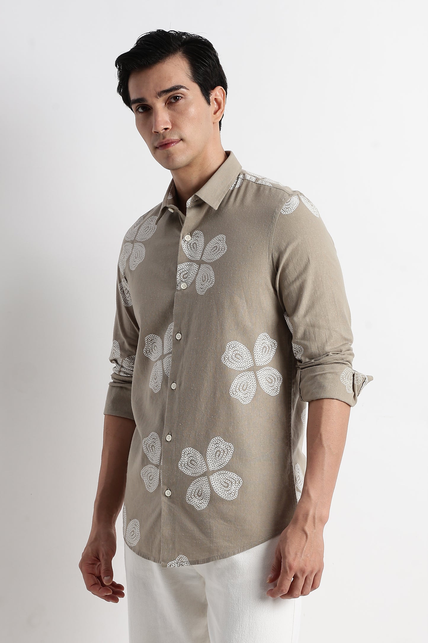 Floral Embroidered Cotton Linen Shirt Grey