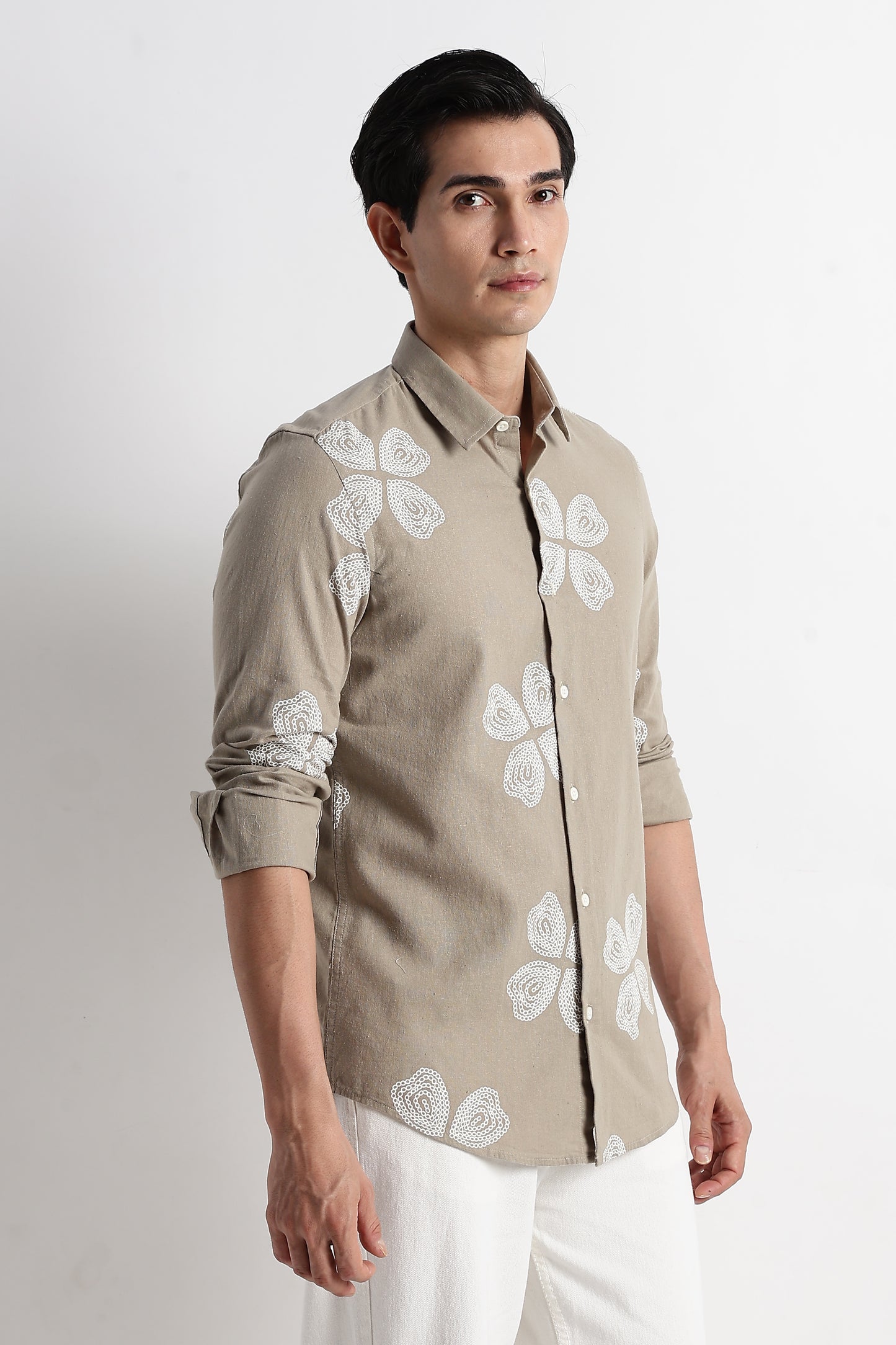 Floral Embroidered Cotton Linen Shirt Grey