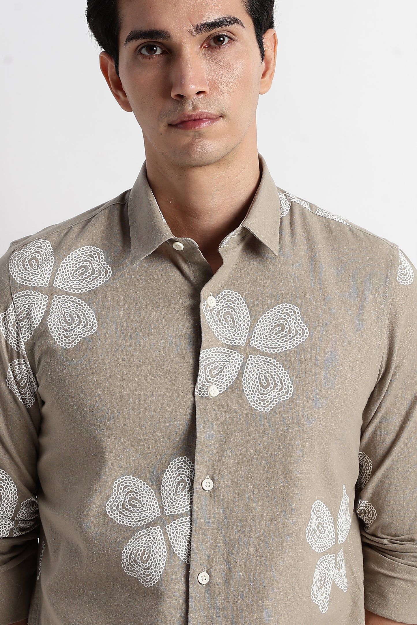 Floral Embroidered Cotton Linen Shirt Grey