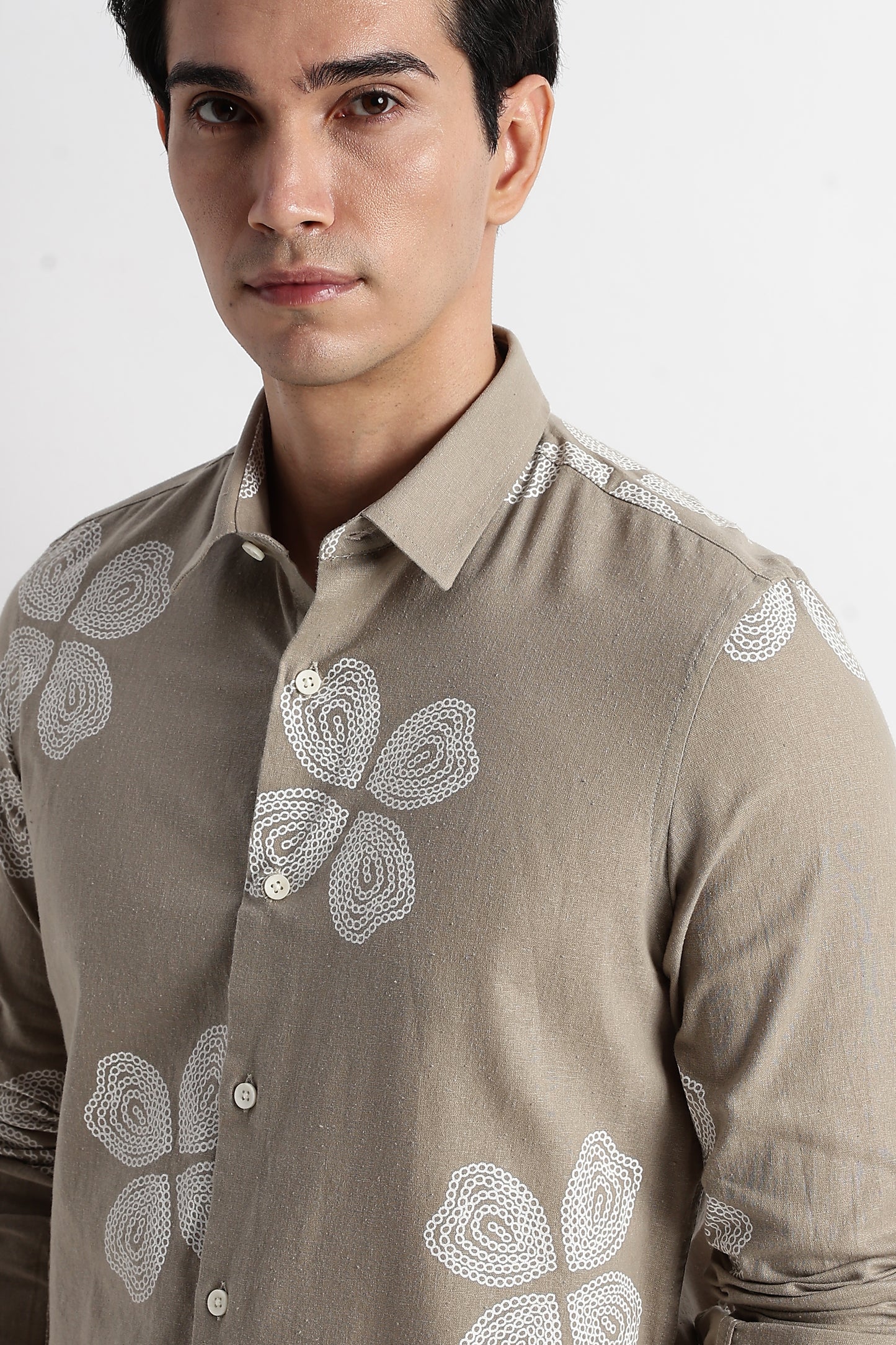 Floral Embroidered Cotton Linen Shirt Grey