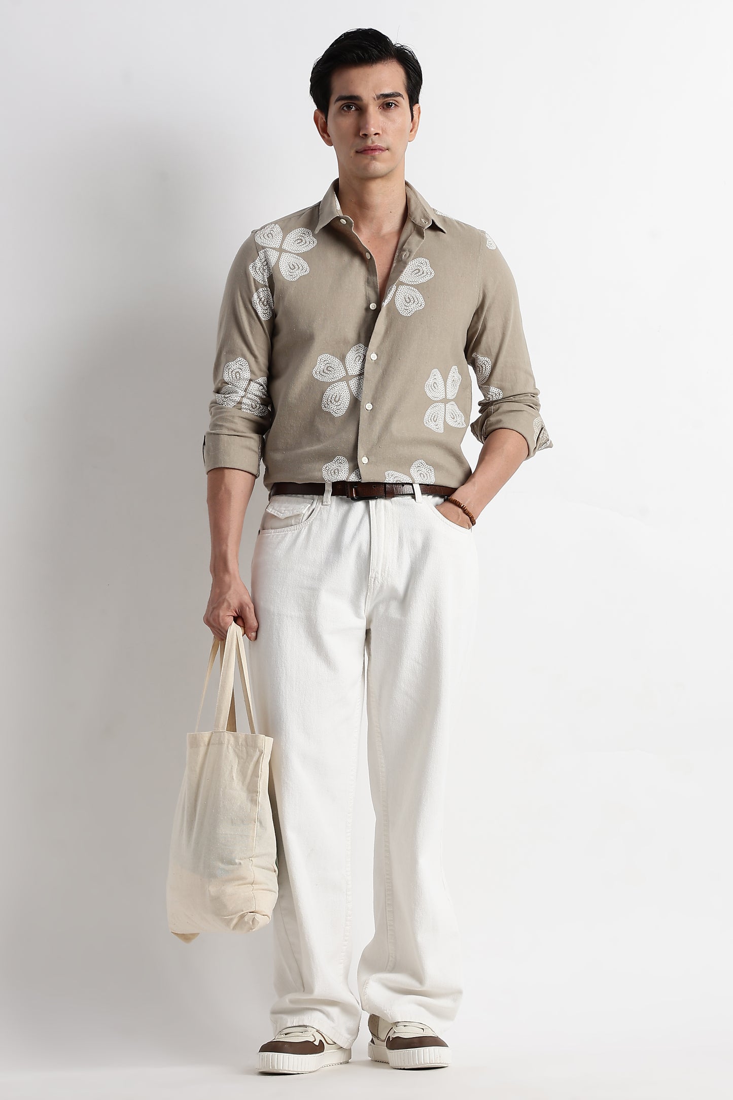 Floral Embroidered Cotton Linen Shirt Grey