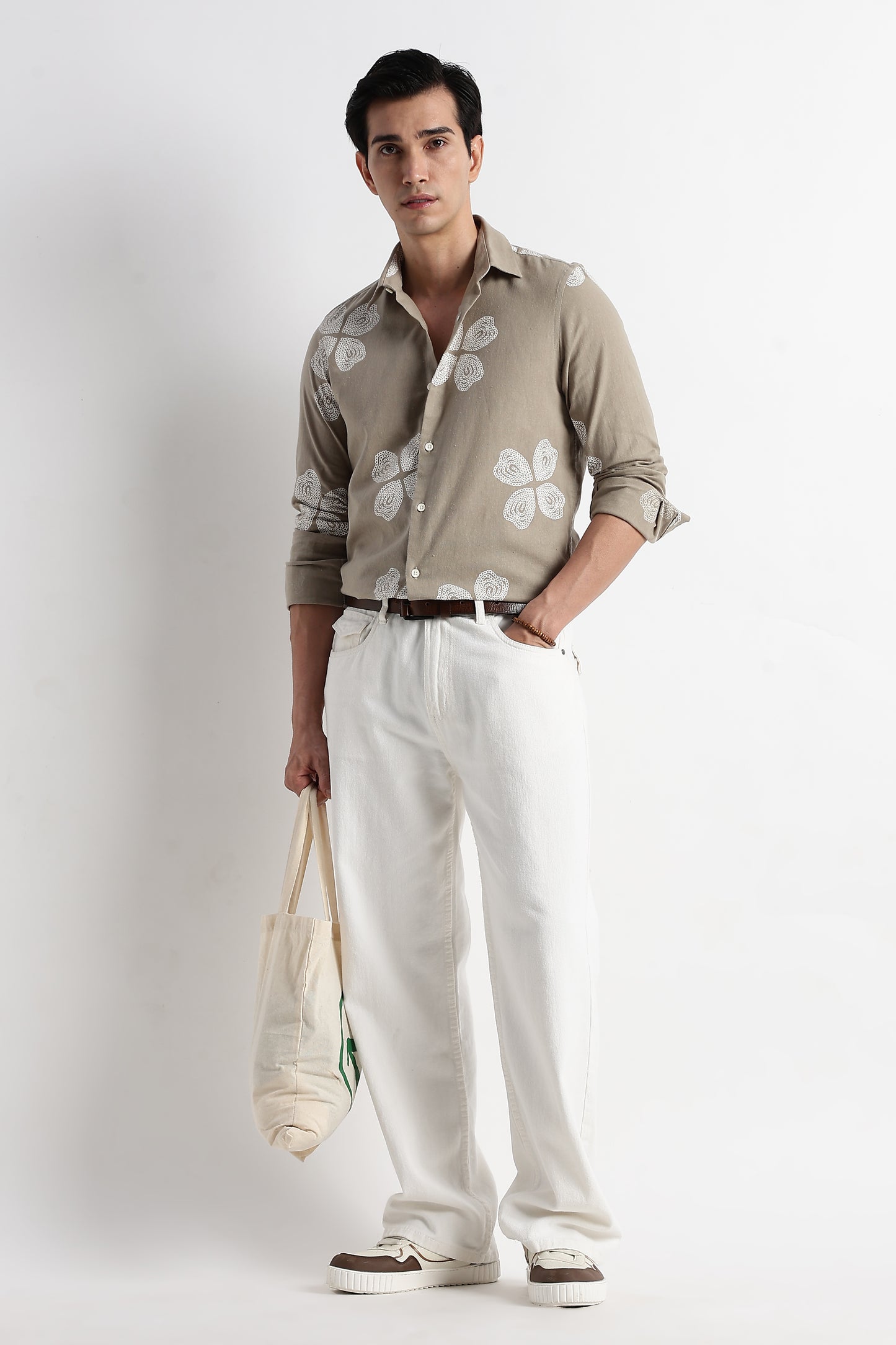 Floral Embroidered Cotton Linen Shirt Grey