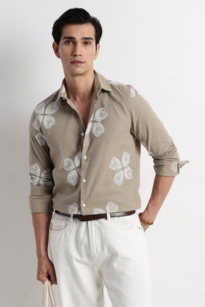 Geo-Print Shirt in Cotton Linen Look Grey