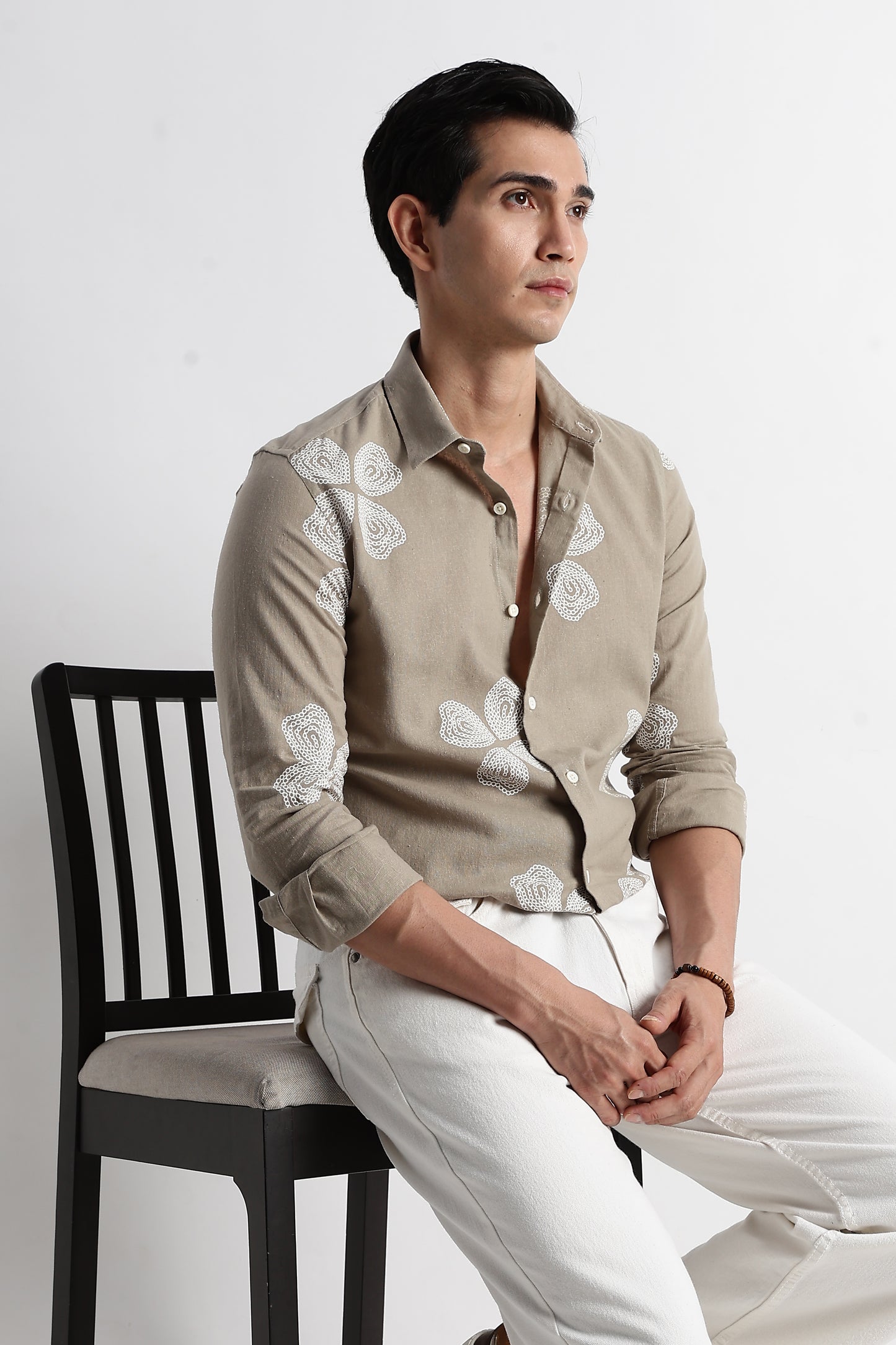 Floral Embroidered Cotton Linen Shirt Grey