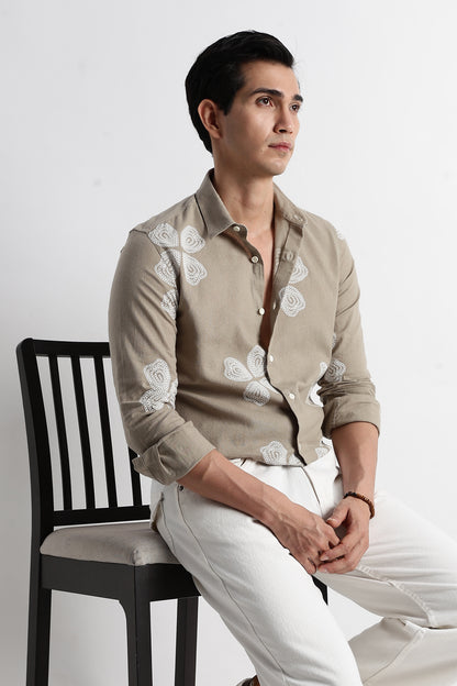 Geo-Print Shirt in Cotton Linen Look Grey