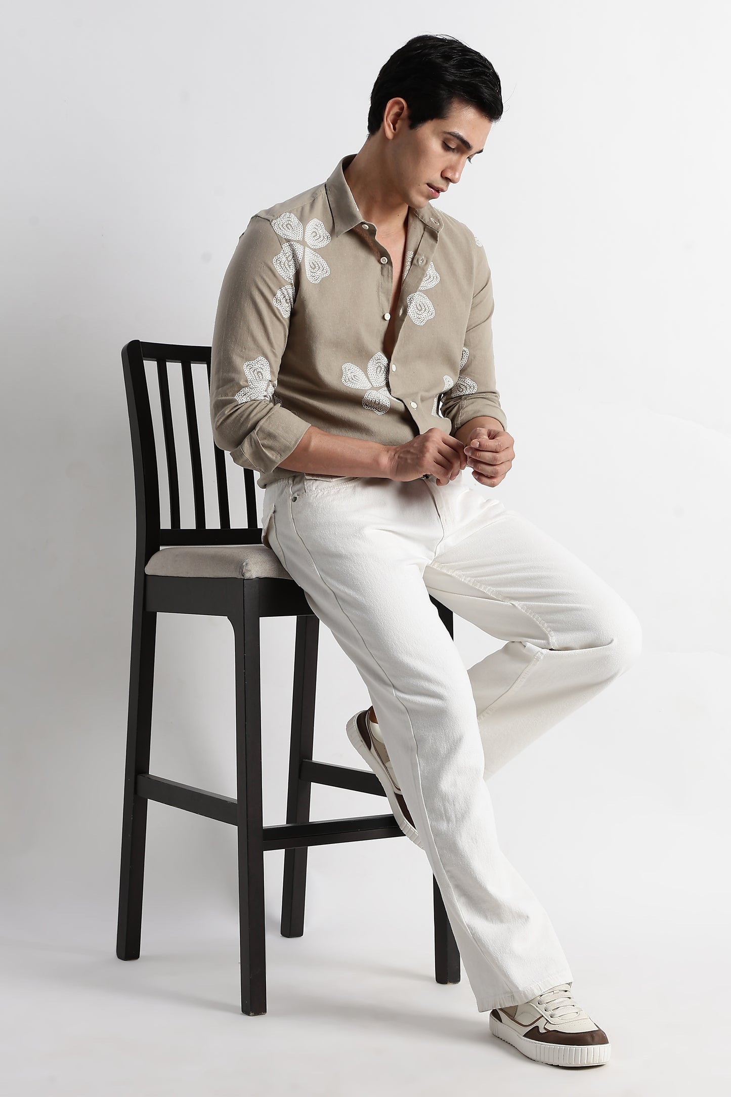 Floral Embroidered Cotton Linen Shirt Grey