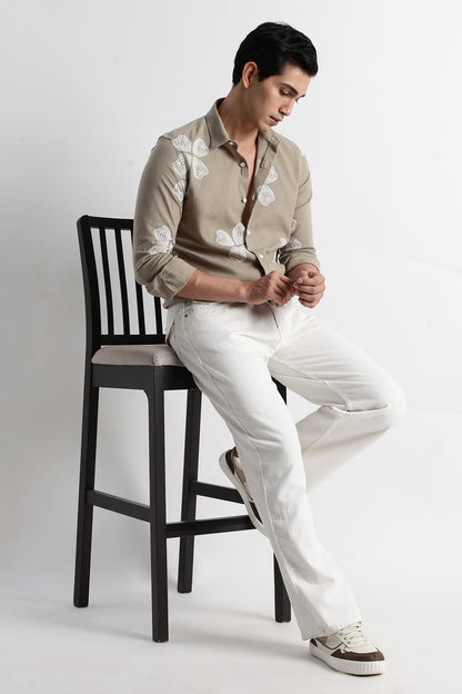 Geo-Print Shirt in Cotton Linen Look Grey