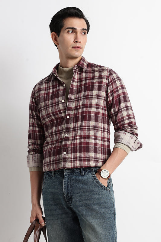 Heritage Check Slim Fit Shirt Maroon
