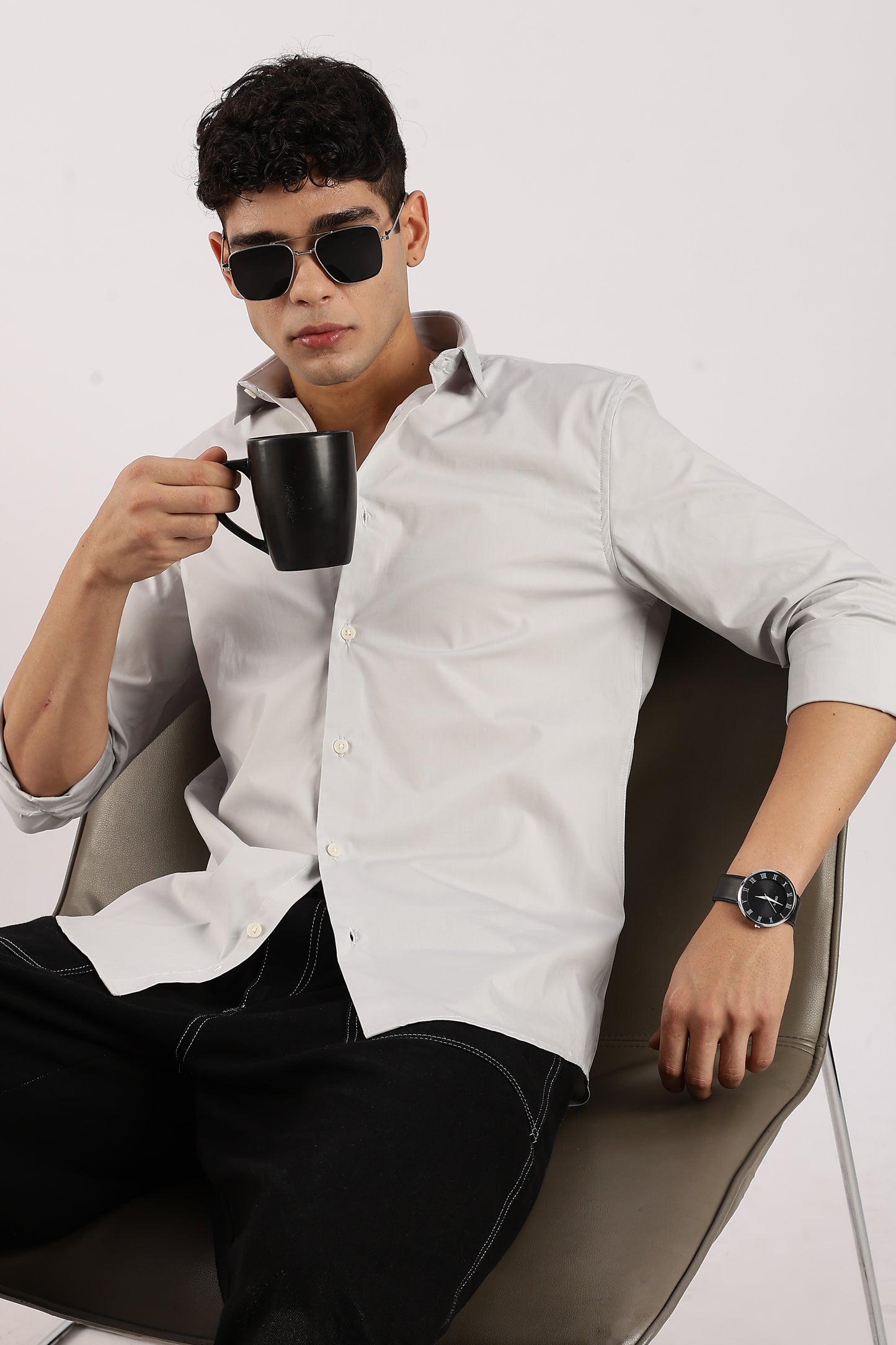 Cotton Lycra Slim Fit Shir Lt Grey